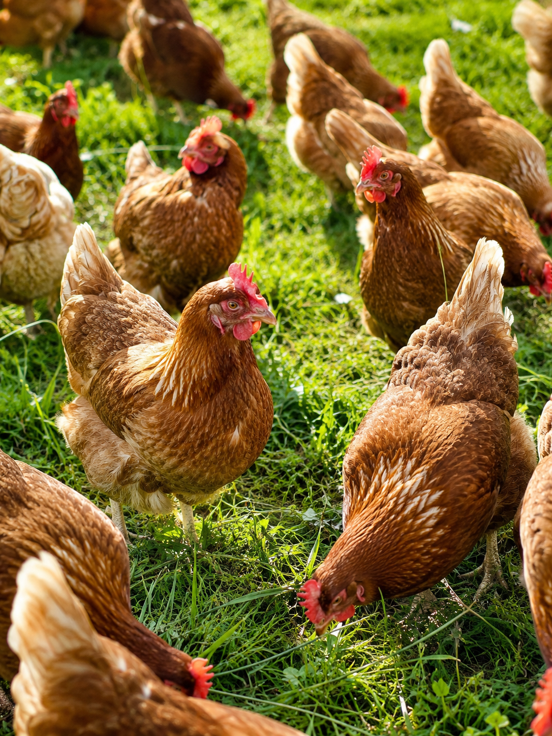 Free-range chickens grazing on green grass