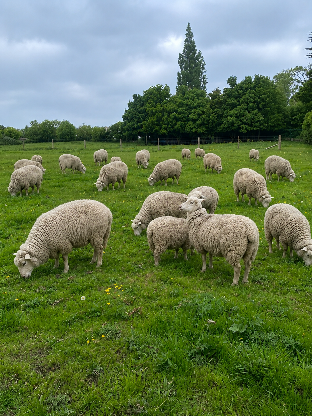 A flock of sheep grazing in a green pasture